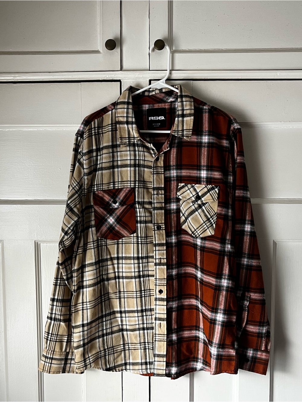 RSQ - Flannel Two-Tone Plaid Button-Down Shirt in Beige and Rust - Men’s Size XL